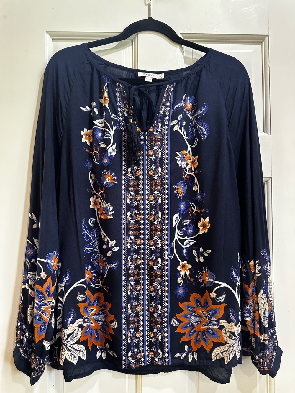 Chicos Blouse Women's Size 2 (Large) Navy Blue Floral Tassel Boho Peasant Top